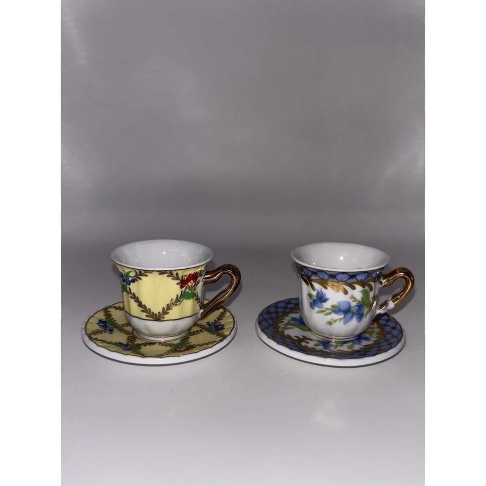 Antique Vintage Tiny Floral Teacups With Glued On Saucers Set Home Decor Set 2